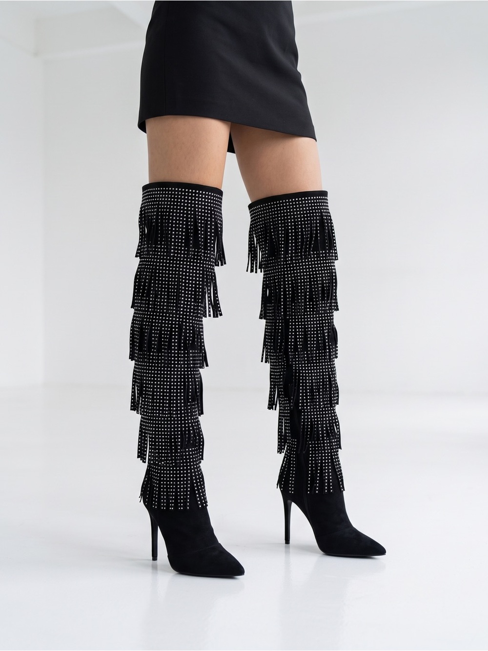 Blacksilver studs Fringe over the knee Boots Stiletto heels Faux suede leather 6 - Picture 3 of 16